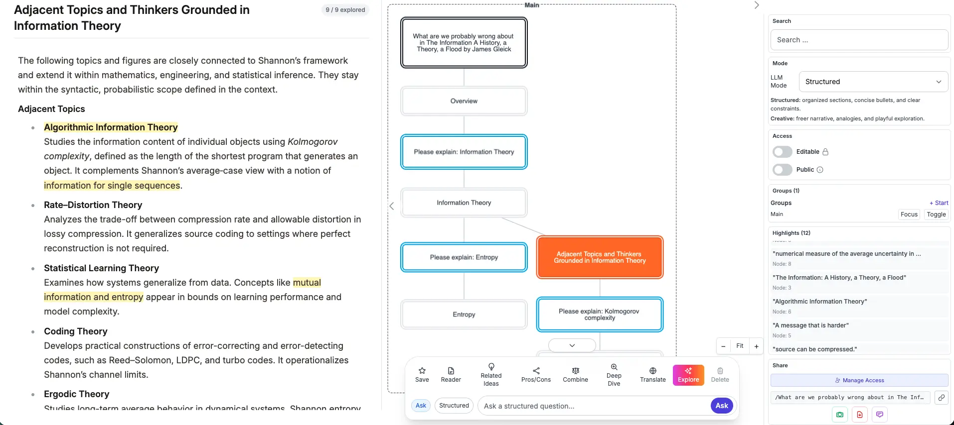 MuDG interface showing responses, graph visualisation, action tools, and admin panel