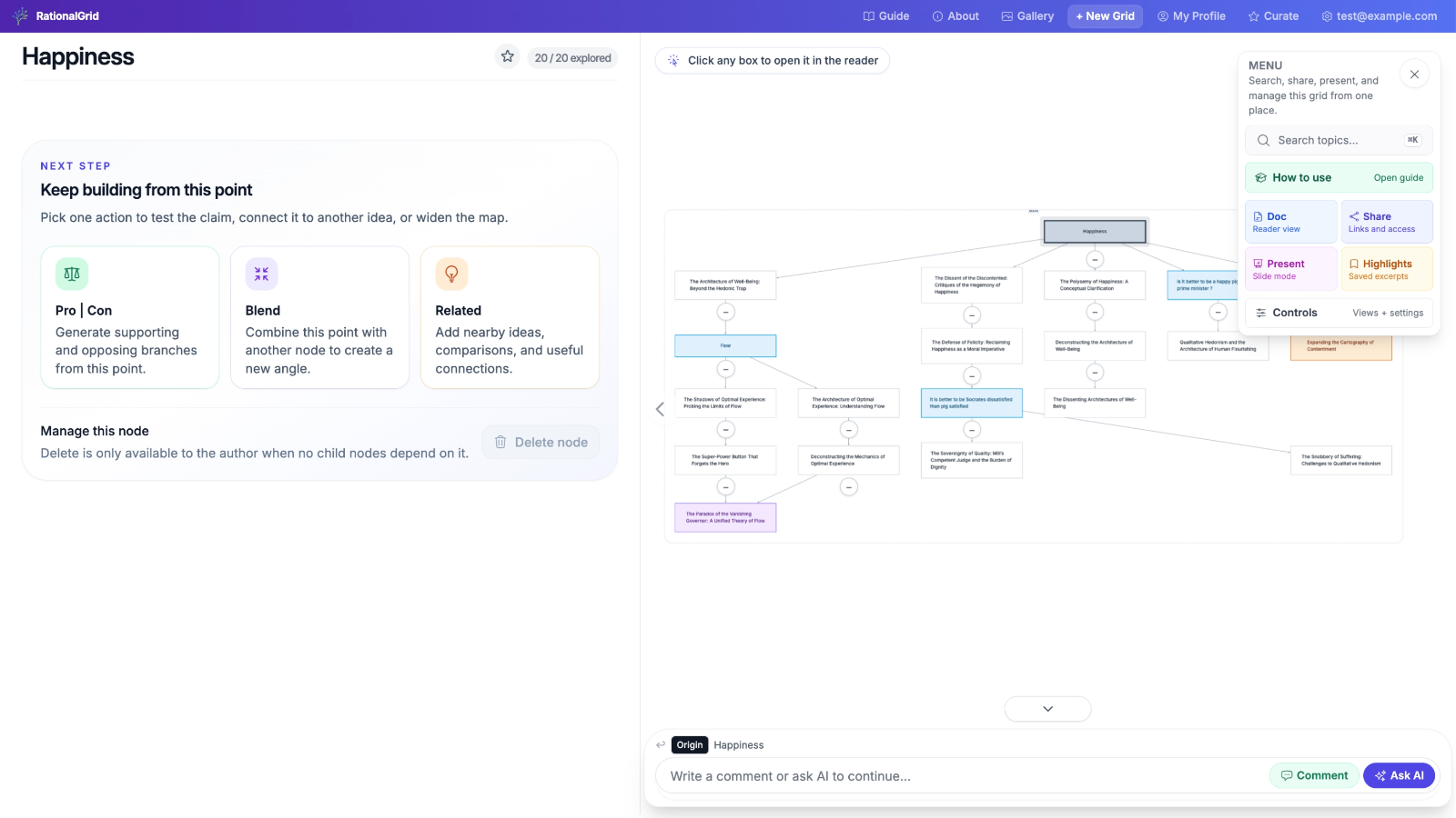 RationalGrid workspace showing the menu, reader, composer, and node actions